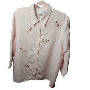 Alfred Dunner Pink Striped Button-Up Shirt With Rhinestone Dragonfly Accents Wom